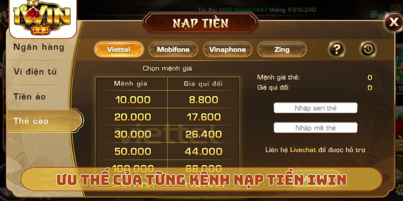 Ưu thế của từng kênh nạp tiền IWIN